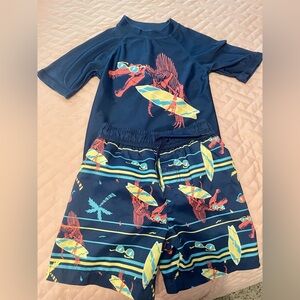 Boy's Dinosaur themed swimsuit swim shirt and trunks set, Lightning Bug, 3T